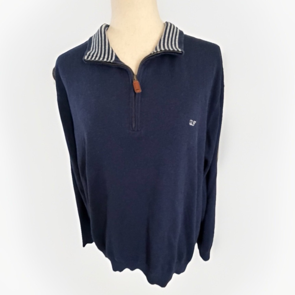 Vineyard Vines Mens XL 1/4 Zip Pullover Sweater Blue Ribbed Cotton Mock Neck